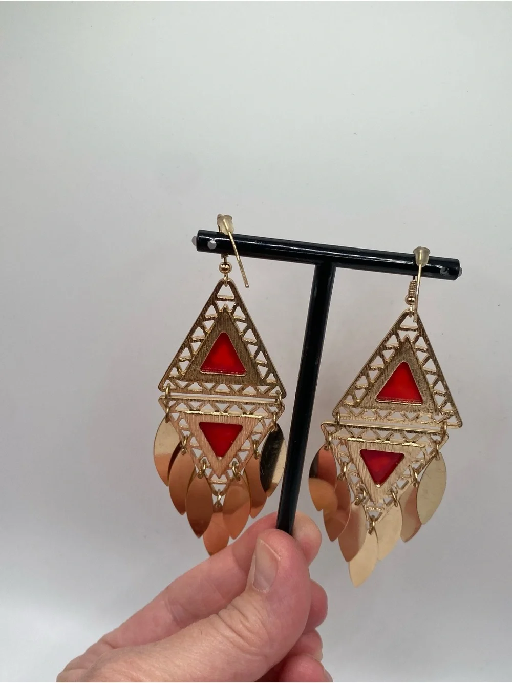 Bohemian Gold-Tone Red Triangle Dangle Earrings